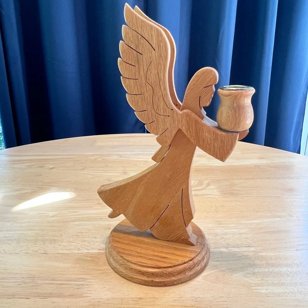 Vintage Handcrafted Solid Oak Wooden Angel Candle Holder - Folk Art